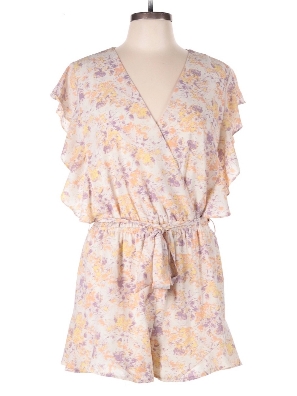 She + Sky Cream Floral Wrap Romper with Yellow and Purple Accents
